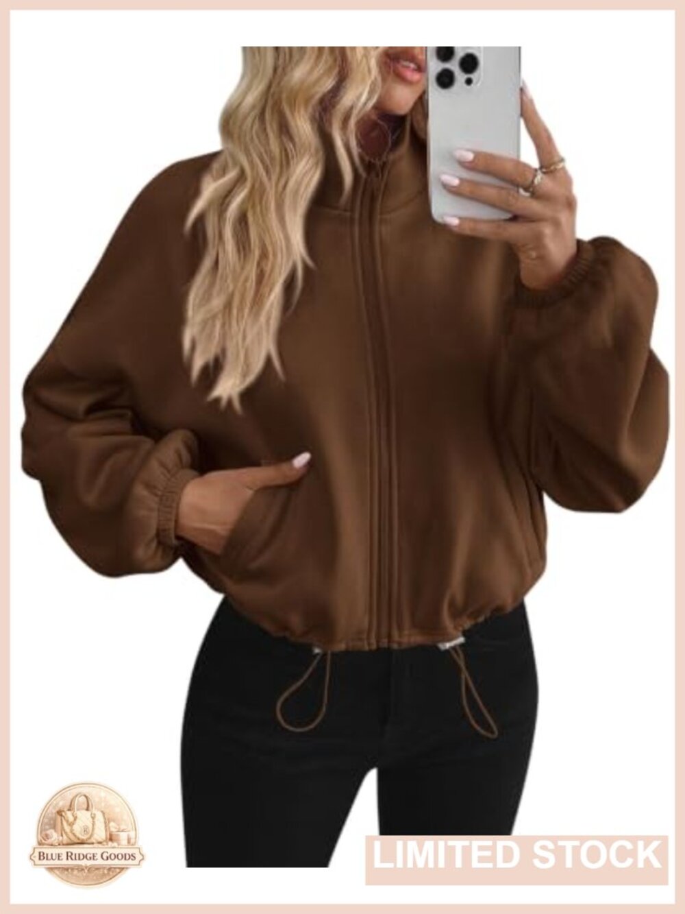 Cropped Fleece Zip Up Sweatshirt Stand Collar Drawstring Hem